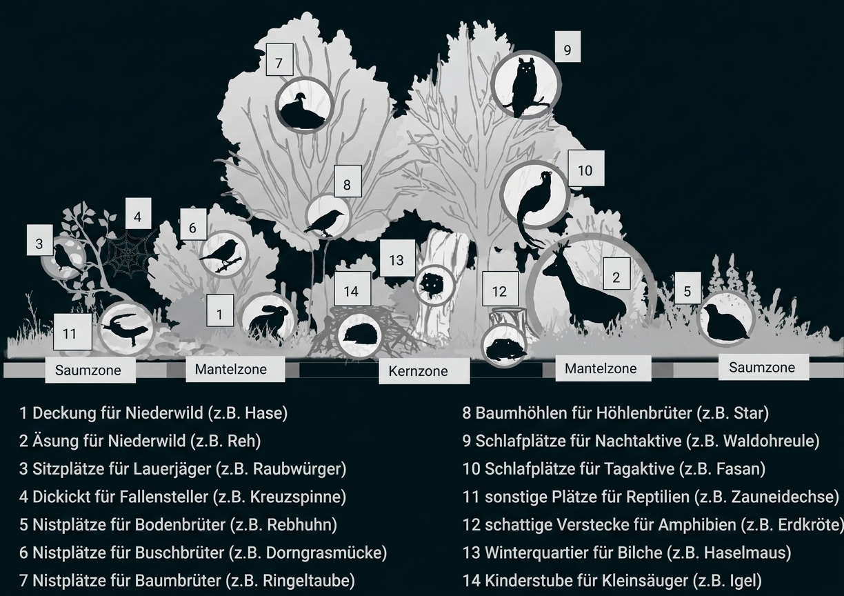 Schematische Darstellung von Saum-, Mantel- und Kernzonen mit Pflanzen, Tieren und Beschriftungen